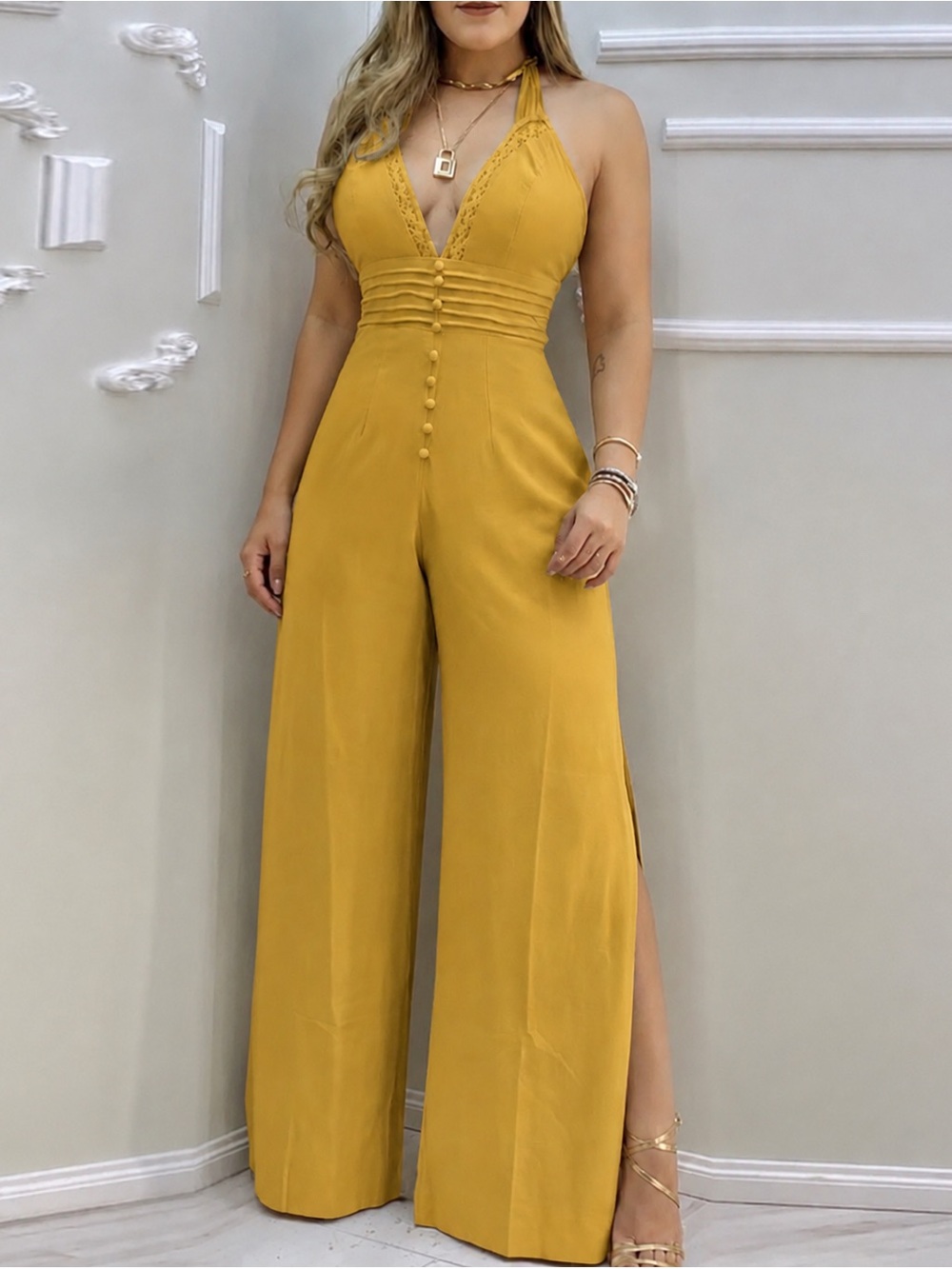 Chic Mustard Wide-Leg Button-Front Jumpsuit